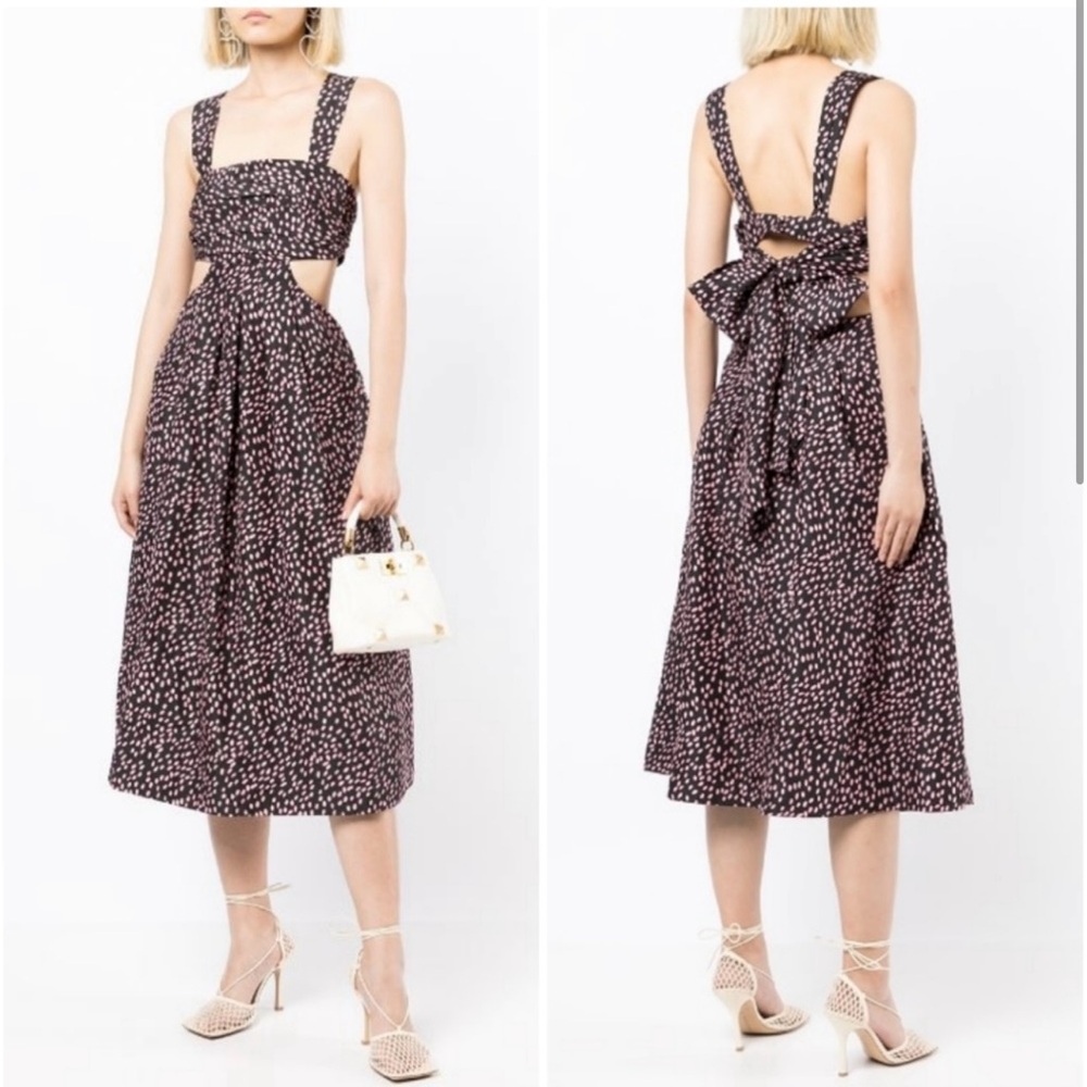 NWT Rebecca Vallance Cha Cha Tie-Back Cutout Printed Silk-Habotai Midi Dress 10